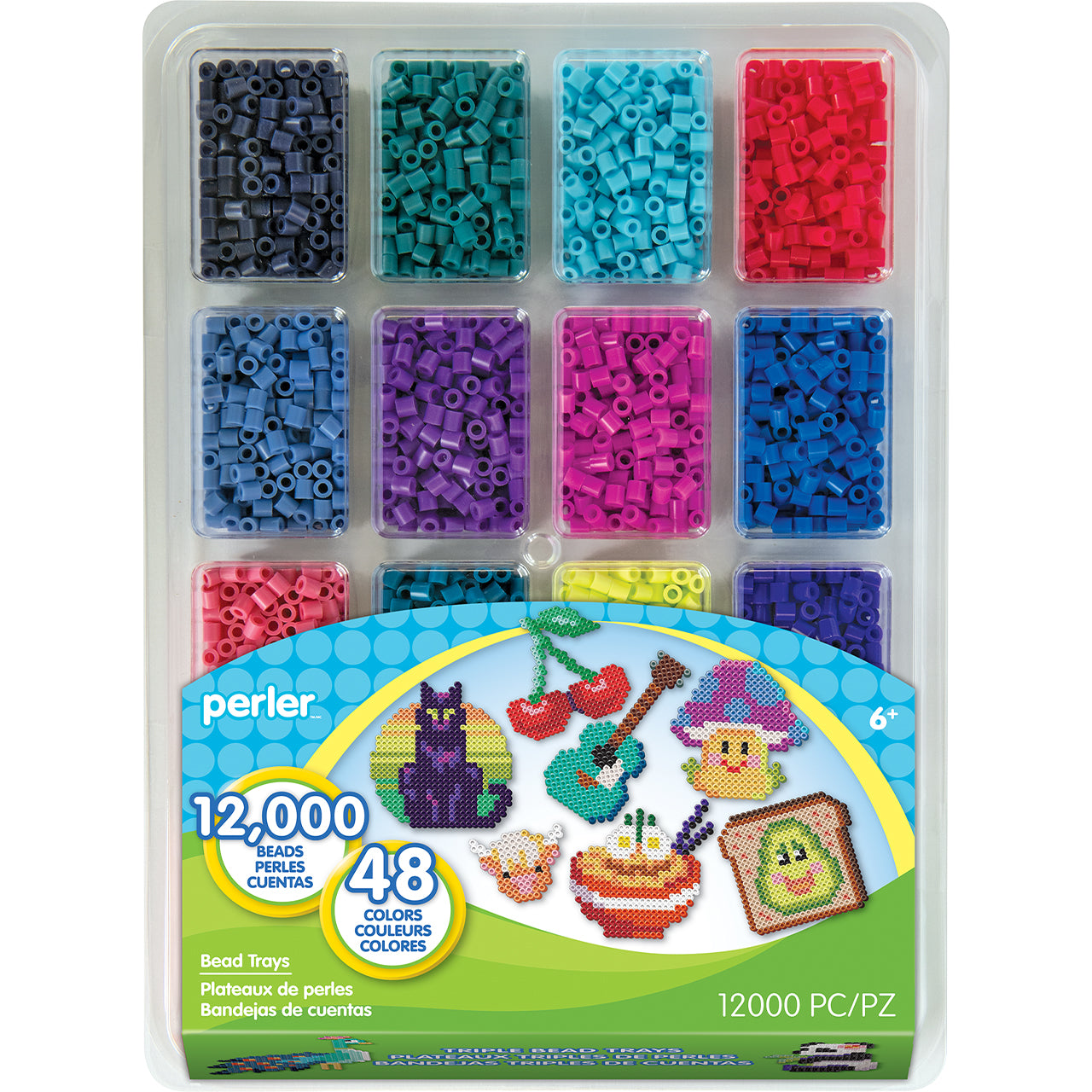 Perler bead set with colorful beads in a clear plastic organizer on a white background